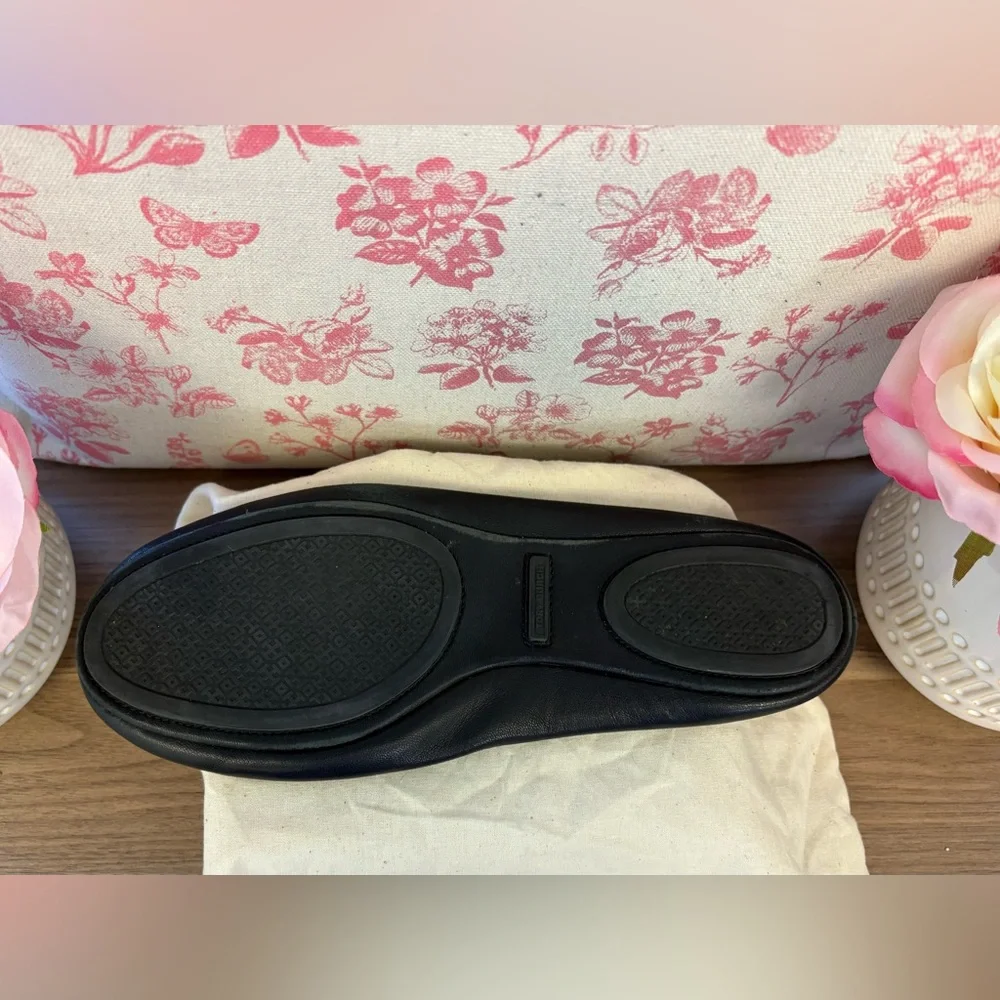 Tory Burch Black Leather Flats with Gold Logo - Picture 6 of 12